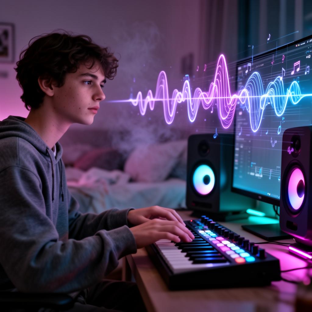 Criador em estúdio caseiro compondo com controlador MIDI e waveform neon gerada por IA
