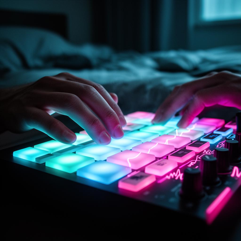 Mãos em controlador MIDI RGB criando batidas em estúdio caseiro